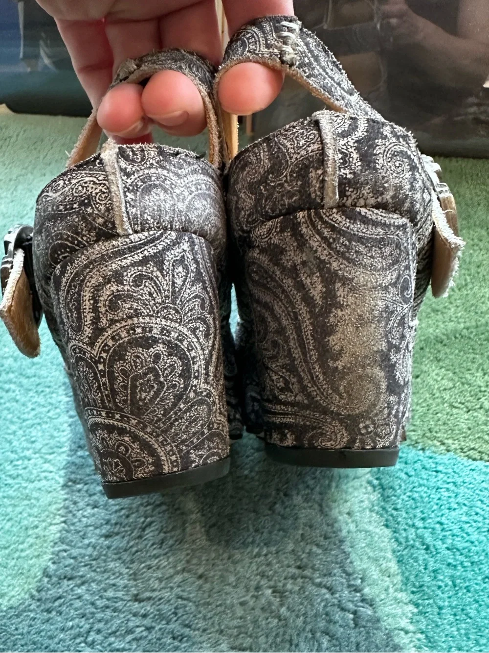 Fluevog Prepare Guide dark gray paisley suede platform slingback -7.5 (fits 7)